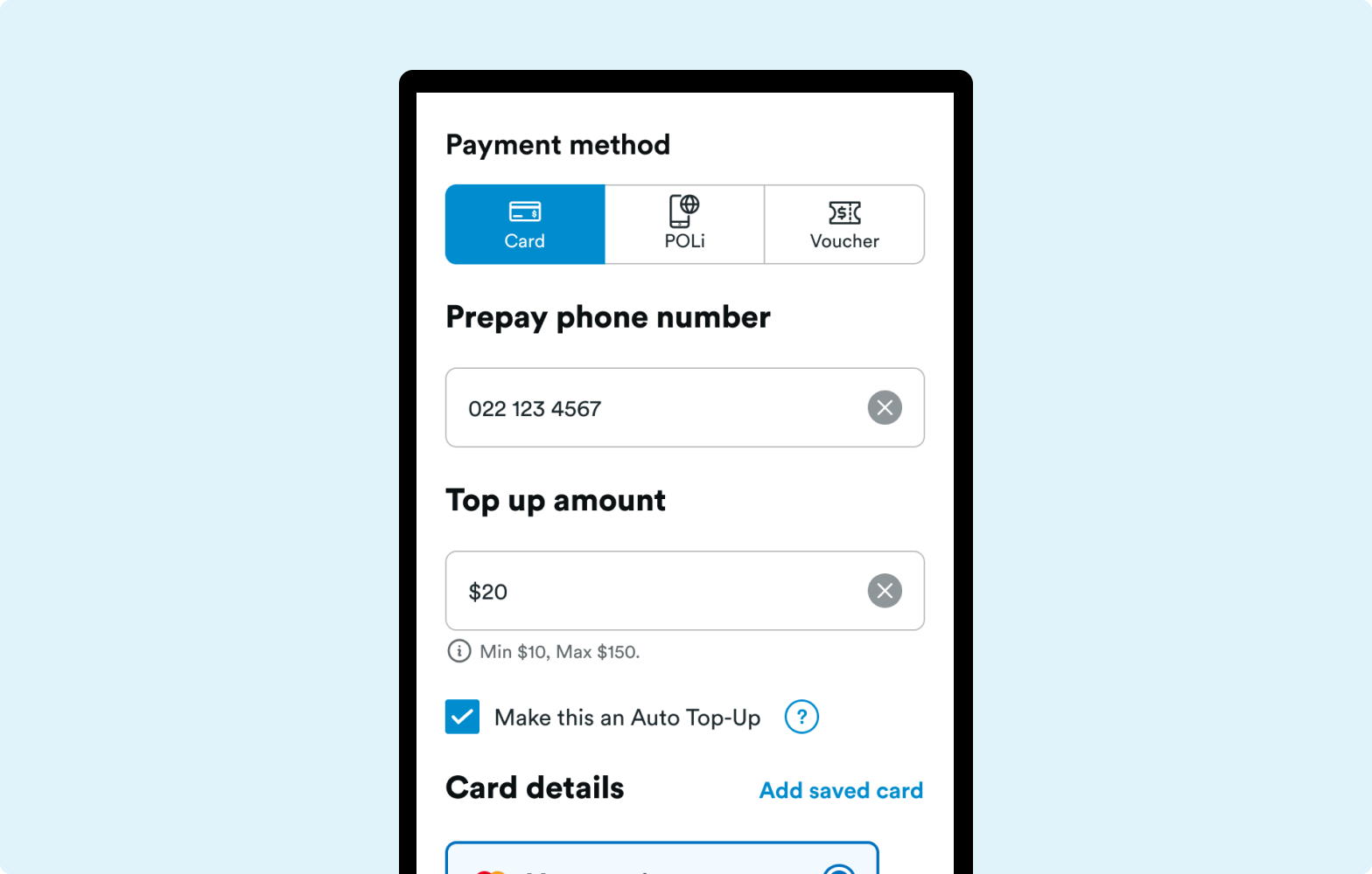 Screenshot of the mobile app on the autopay screen