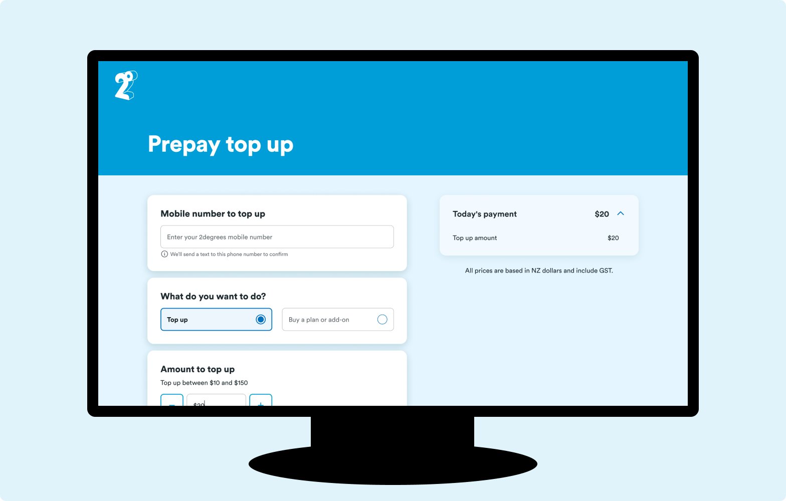 H&S - Payments - Website - Top Up Screenshot of the 2degrees website for topping up and payment screen