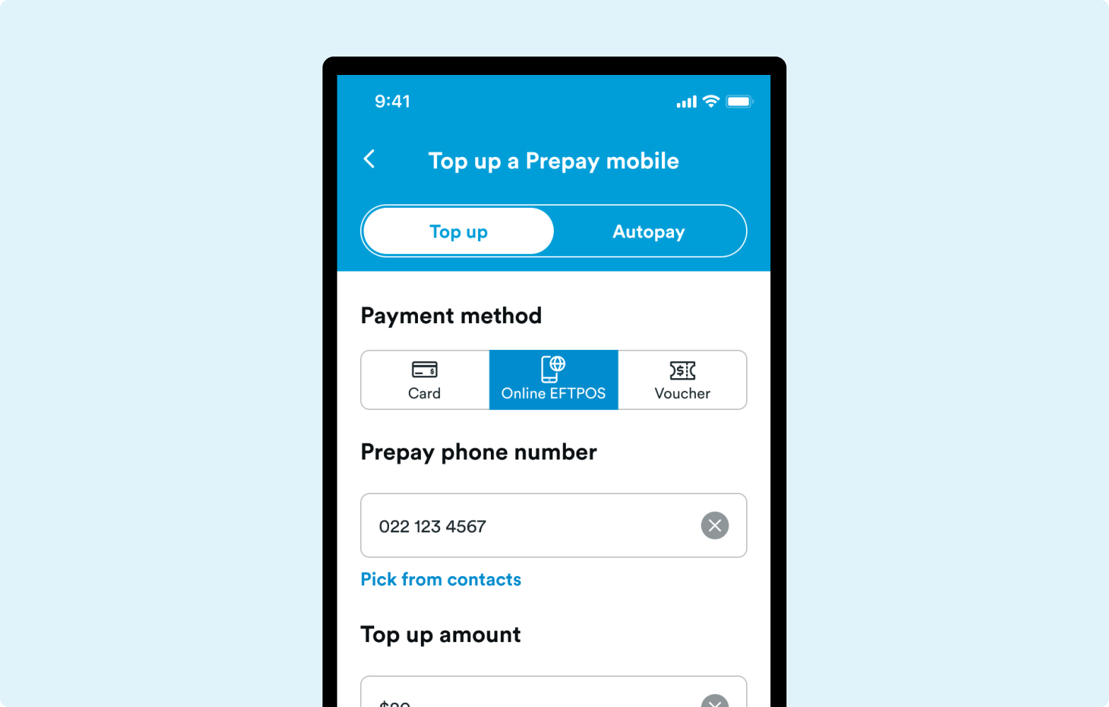 H&S - Payment - 2degrees App - Online EFTPOS Screenshot of the 2degrees App and selected to online EFTPOS