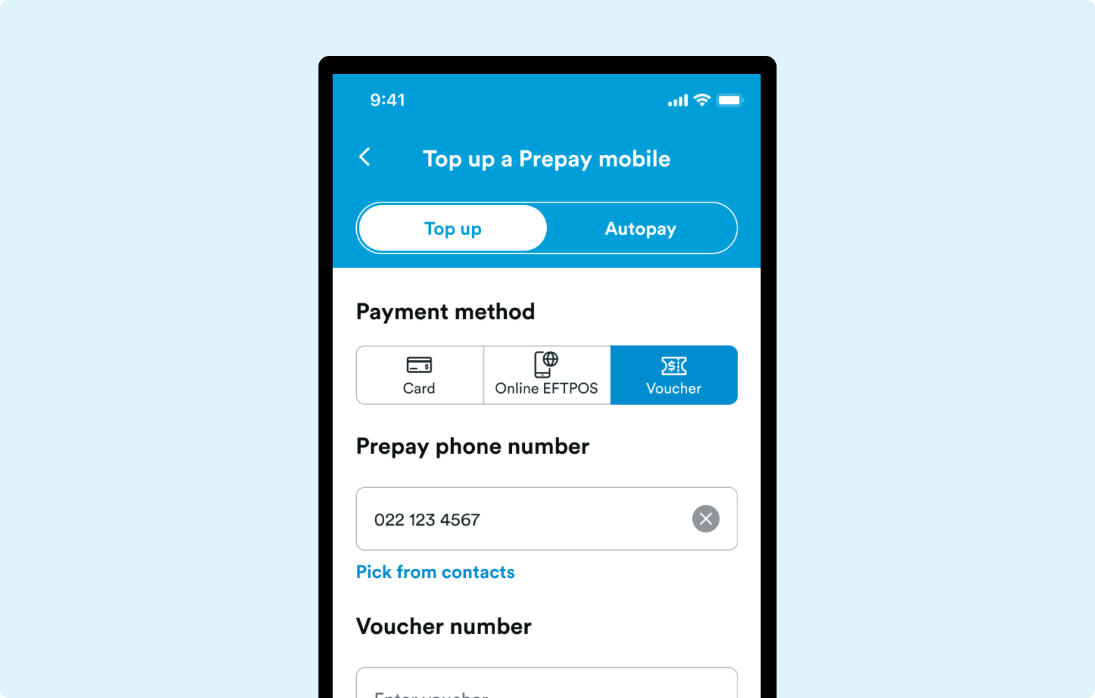 H&S - Payments - 2degrees App - Voucher Screenshot of the 2degrees App and selected to voucher