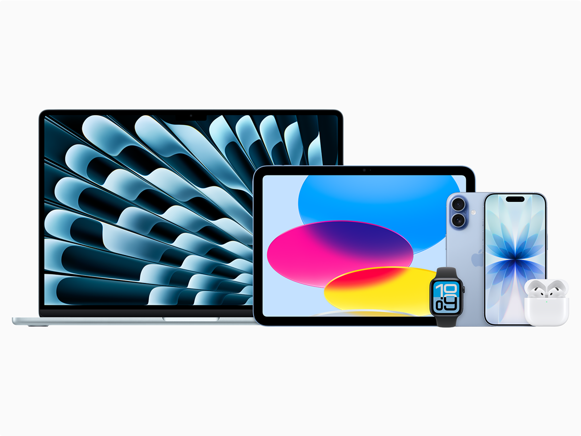 Image of an Apple Macbook, iPad, iPhone 17, Apple watch and airpods