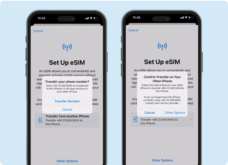 Screenshot showing what should be displayed on the old iPhone confirming the transfer of the eSIM to the new iPhone
