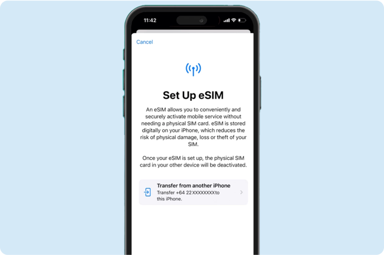 Screenshot showing the set up eSIM screen when you are transferring the eSIM to another iPhone
