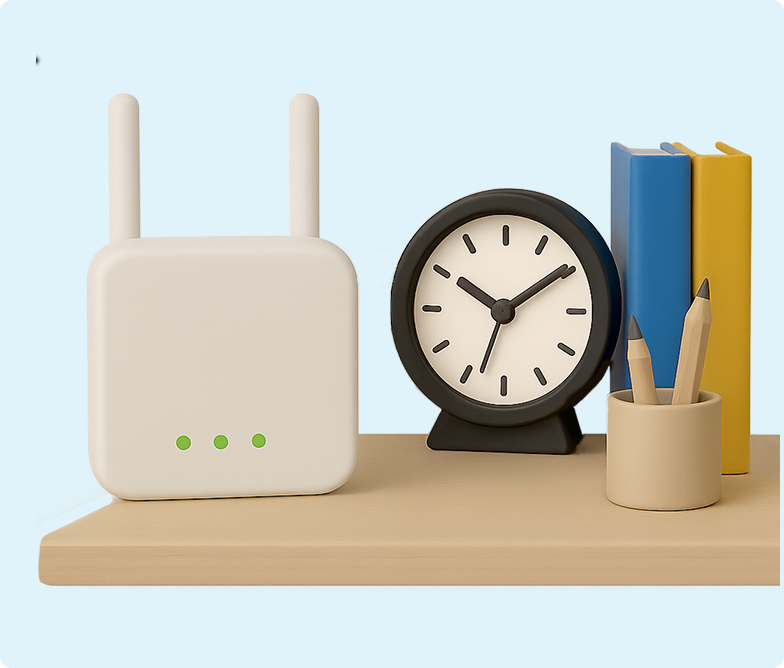 H&S - Broadband Article - Best Wifi 3D image of a wireless modem sitting on a shelf with a clock and books