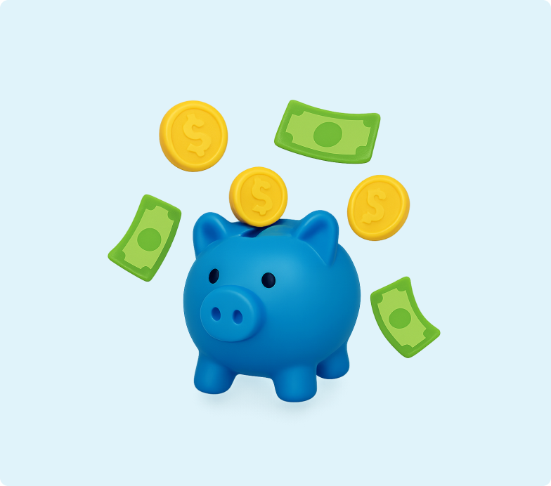 3D emoji of a blue piggy bank with coins and notes around it