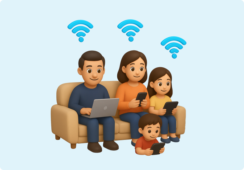 H&S - Broadband Article - Shared usage matters 3D emoji of a family sitting on and around a couch with the father on a laptop, mother on her phone, daughter on a tablet and son sitting in front of the couch on a tablet
