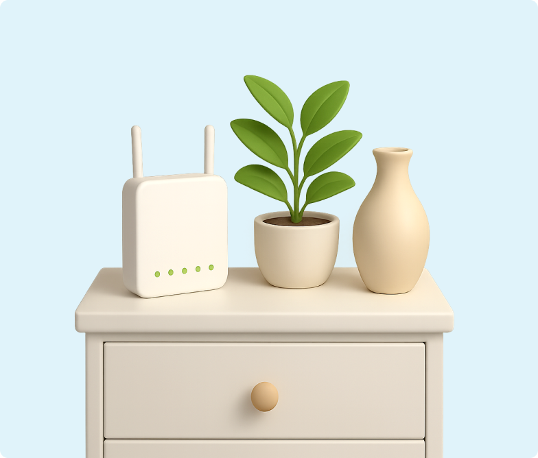 H&S - Broadband Article - Style your modem - Why it matters 3D emoji image of a bedside table with a vase, modem and small plant on the top