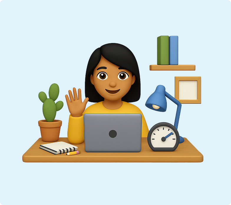 3D emoji of a woman sitting at her desk with a laptop surrounded by notepads, books, a clock, a lamp and a plant