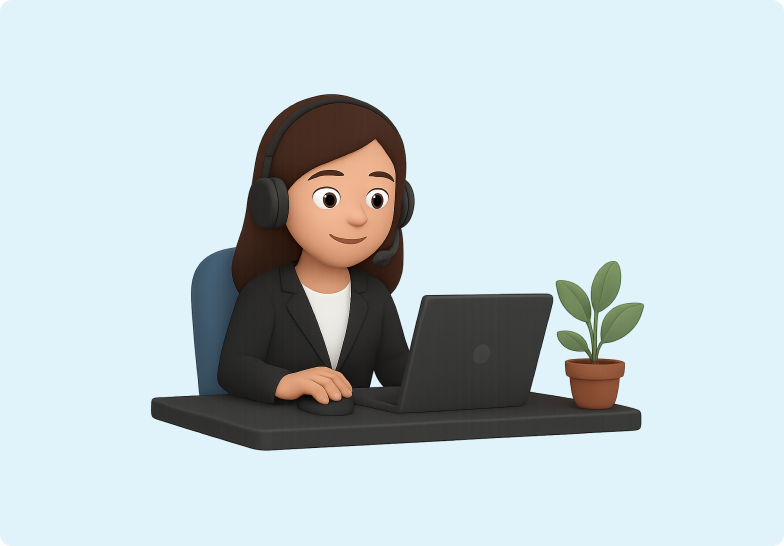 H&S - Broadband Article - Working from home (Teams, file sharing) 3D emoji of a woman sitting at a desk working on a laptop with a small house plant beside her