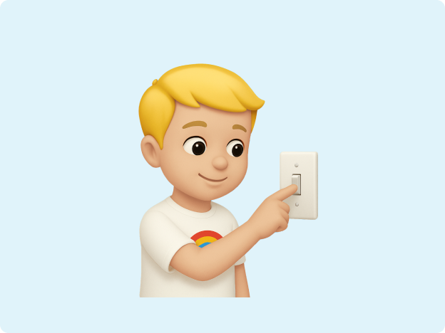 A 3d emoji image of a child turning off a light switch