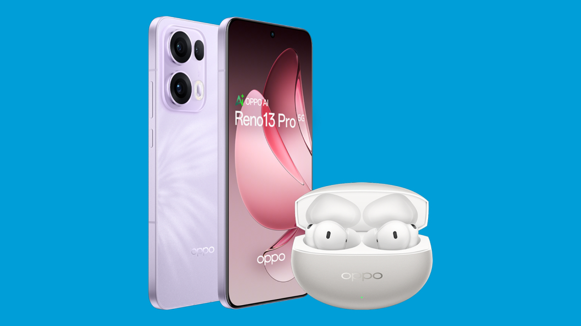 oppo reno 13 pro devcie and enco headphones on a blue background