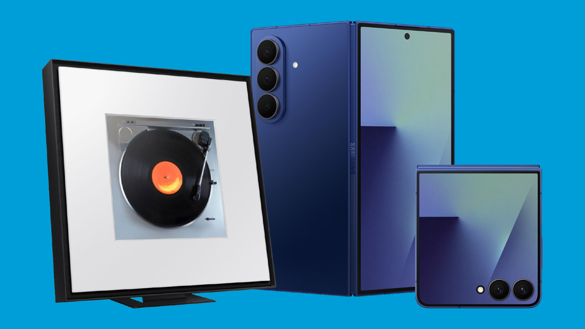 samsung z7 series devcies and samsung music frame on a blue background