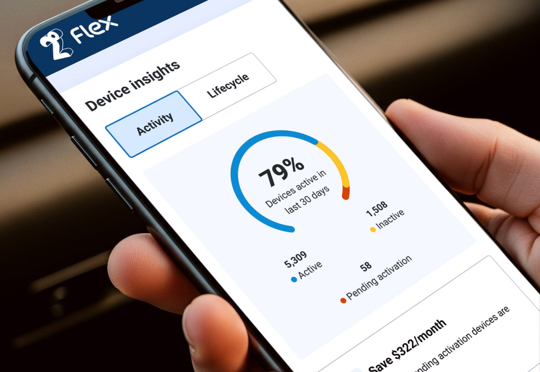 Image of a person holding a mobile phone with the Flex app open