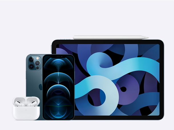 Image of Apple iPhones, airpods and an iPad