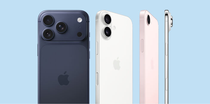range of different iphones on a light blue background